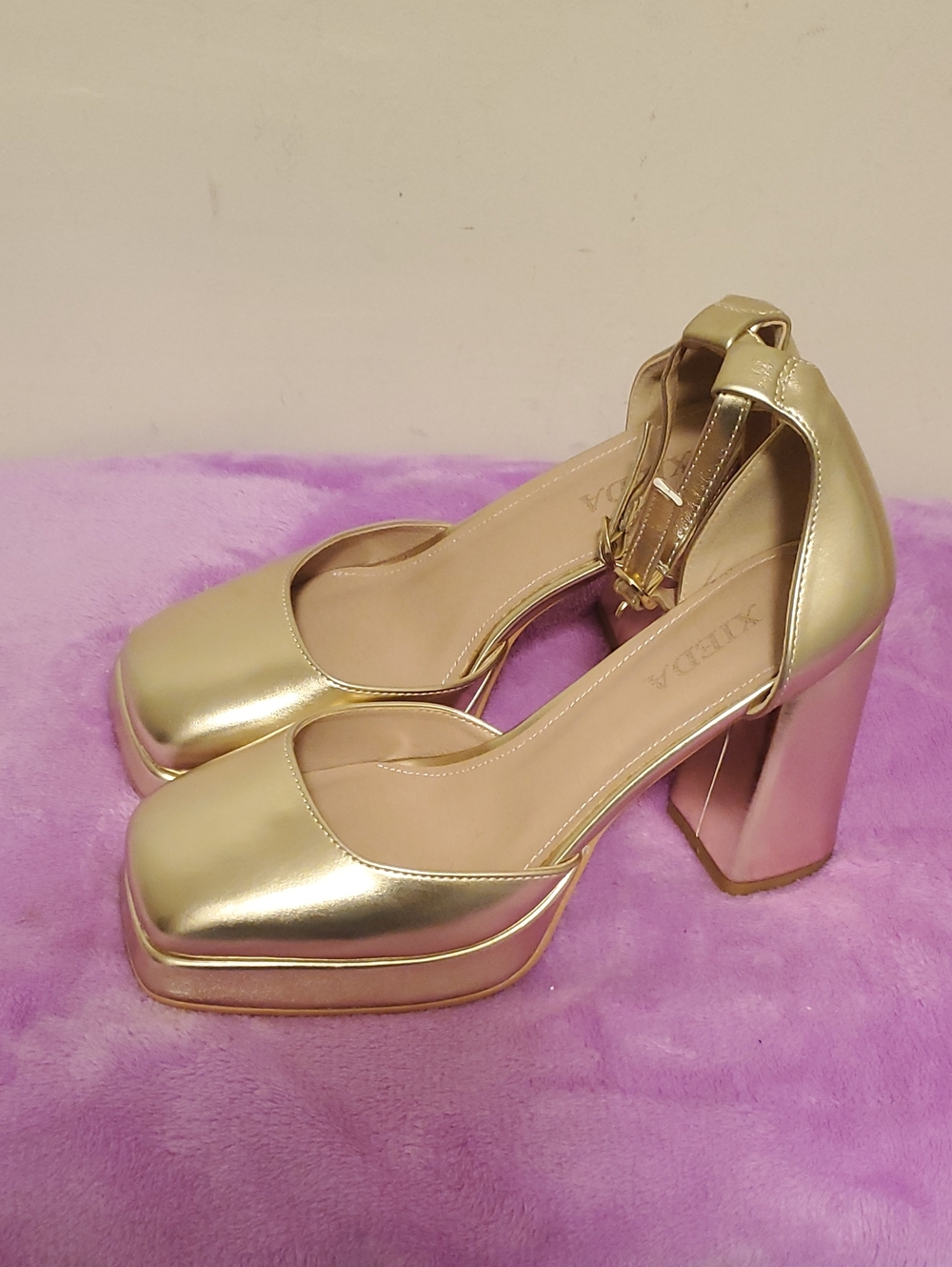 PrettyLittleThing Metallic Gold Block Platform Heels